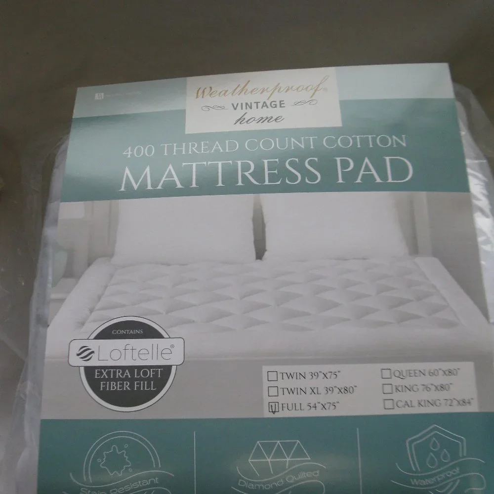 Weatherproof Vintage Home 400 Thread Count Cotton Mattress Pad, Full, NWT